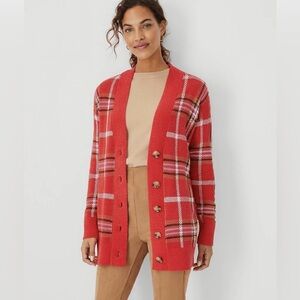 Ann Taylor Jacquard Plaid Boyfriend Cardigan Jubilee Red Size XS